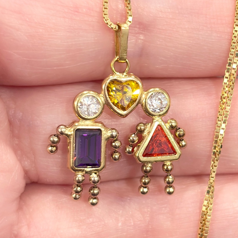 14K Gold Couple Birthstone Pendant: Amethyst, Citrine & Cubic Zirconia